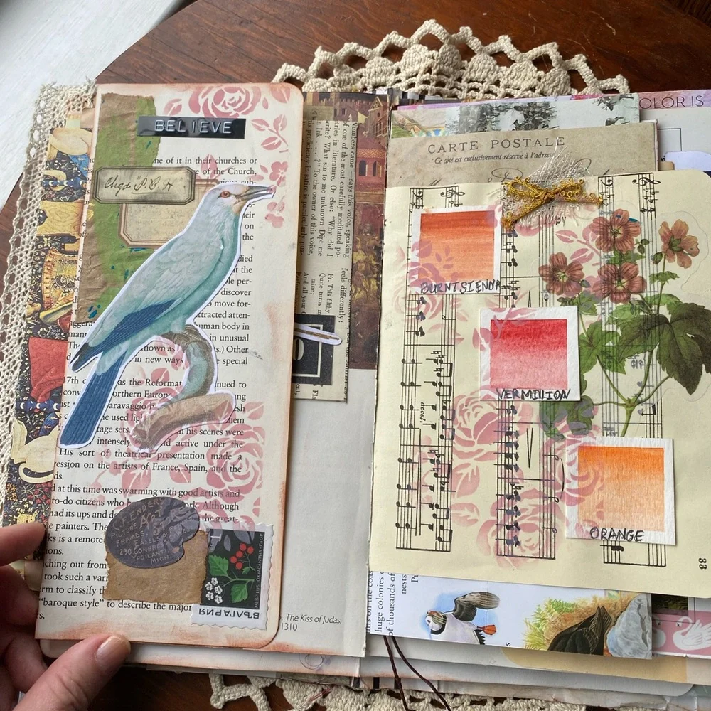 NWT Vintage Hand Crafted Mixed Media Lady & Birds Art in Green and Brown